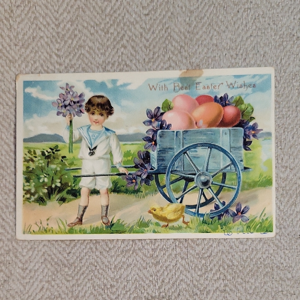 1909 Vintage Easter Postcard with Boy and Cart